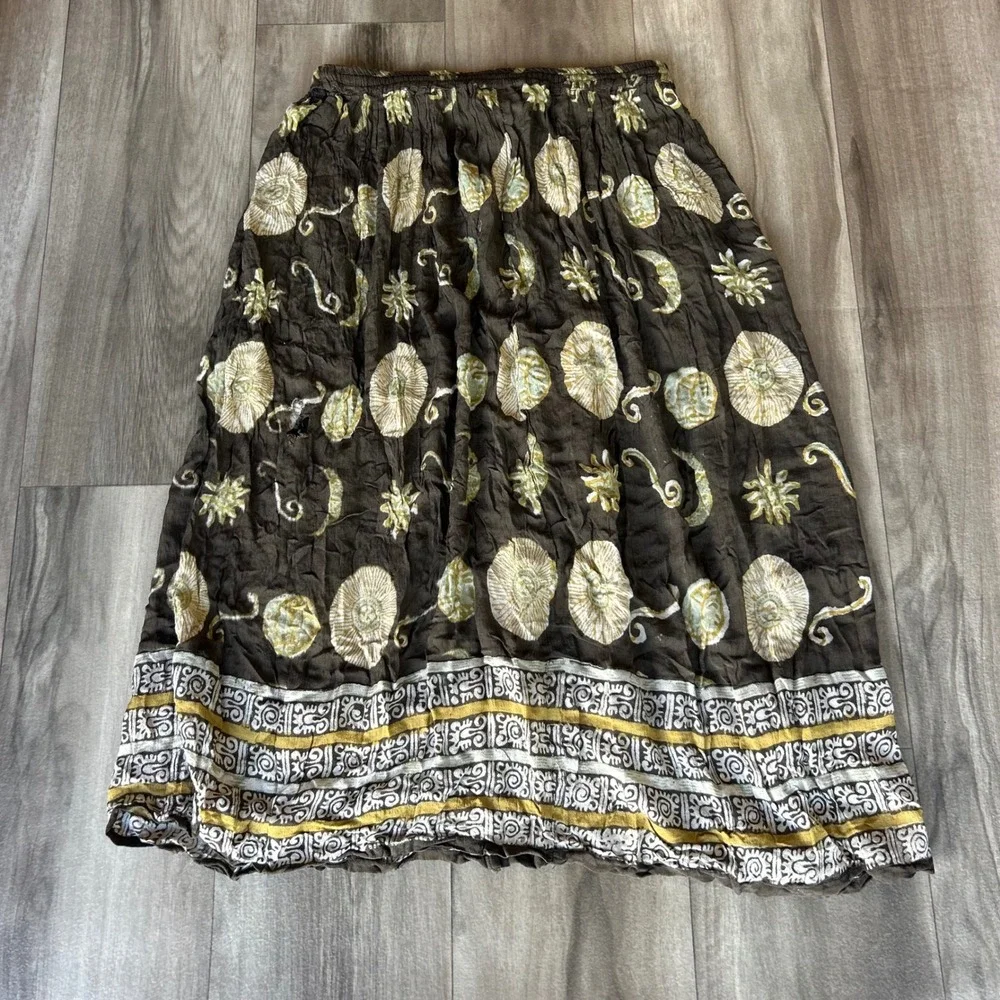 Orvis Brown Rayon Celestial Sun Moon Print Midi Skirt Elastic Waist Boho 0833